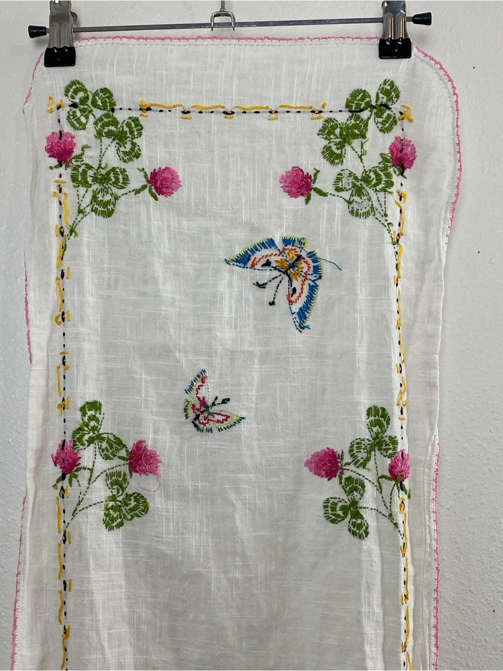 Vintage Embroidered Table Runner with Butterflies & Flowers